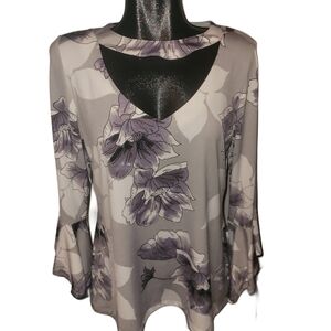 Artex Fashions Grey and White Floral Print Bell Sleeve Top L